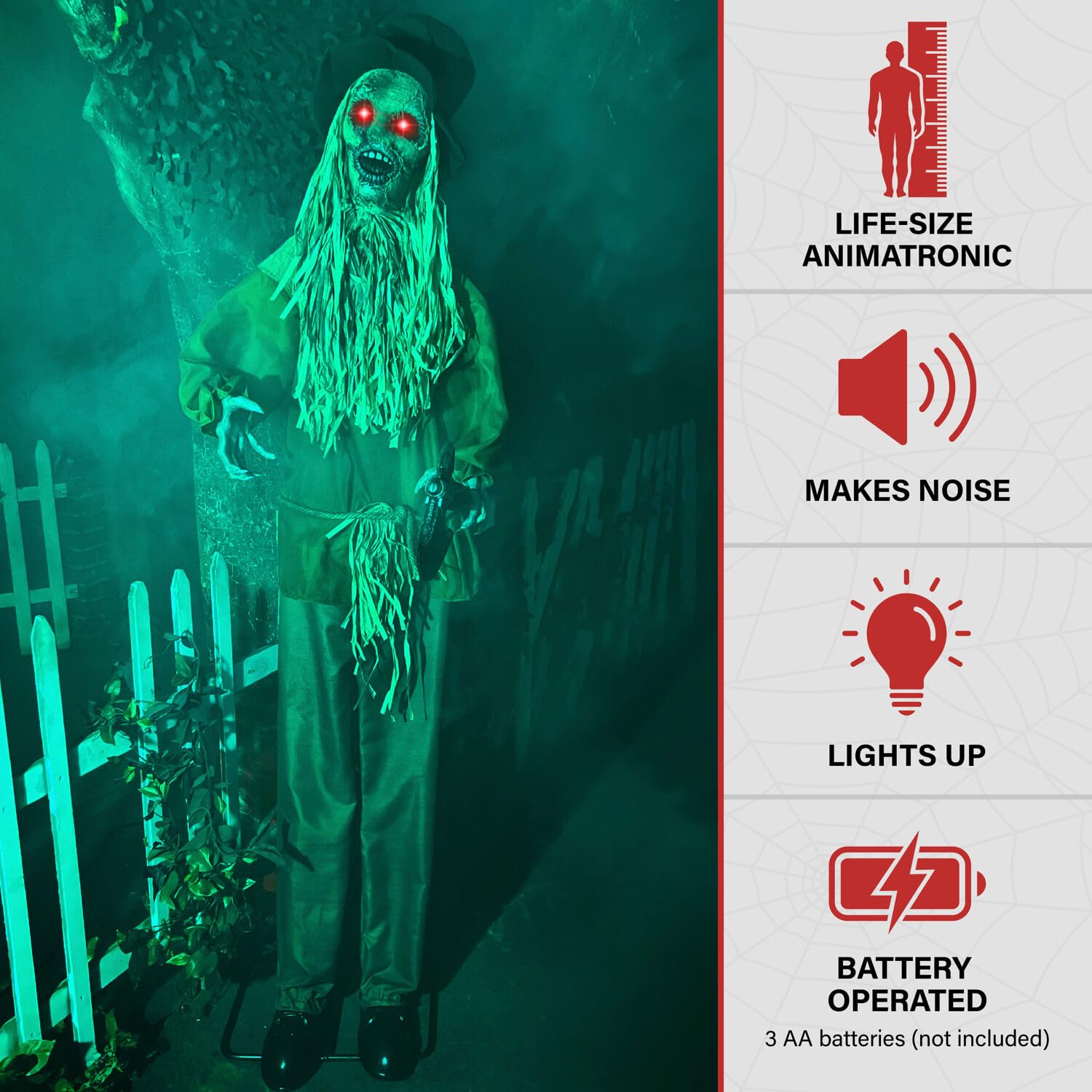 Haunted Hill Farm Lifesize Animatronic Scary Haunted Scarecrow with Touch Activated Lights and Sound, Battery-Operated Indoor or